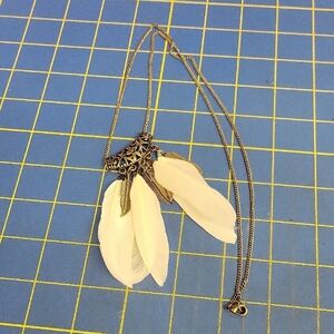 White Feather & Feather Charm Antique Gold 28" Necklace